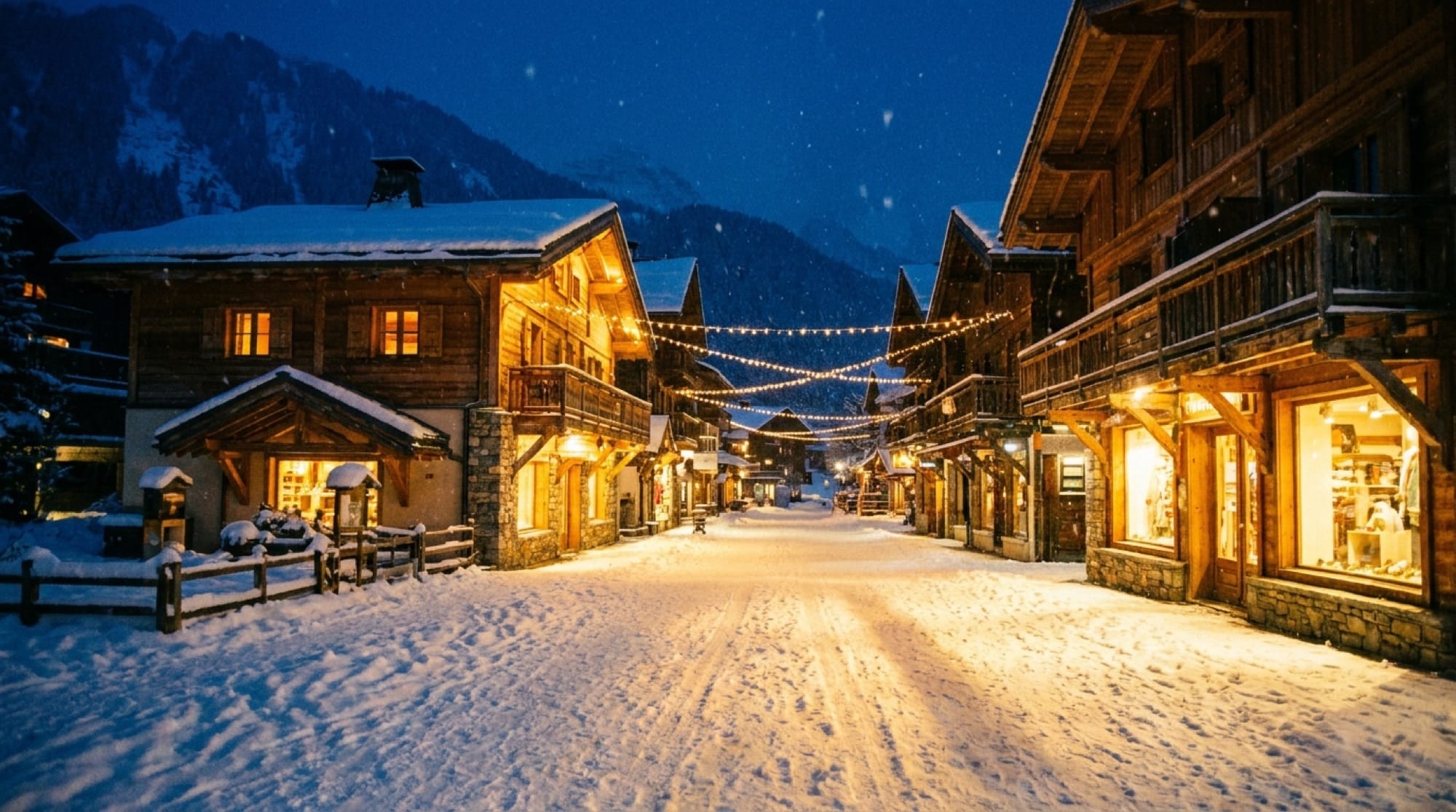 Rue enneigée d'un village alpin le soir, lumières chaudes aux fenêtres